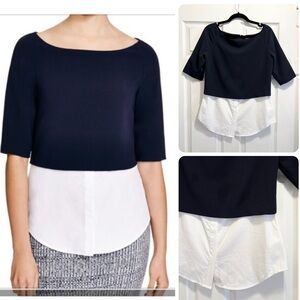 Theory Layered Blouse Short Sleeves Navy Blue and White Top Size Medium